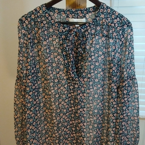 Loft Black Floral Long Sleeves Blouse Top Size S Pullover Tie Front - Picture 2 of 11